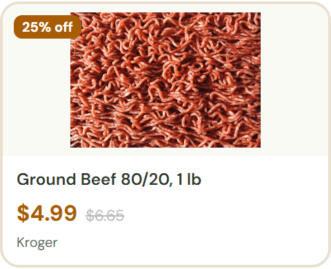 Ground Beef 80/20, 1 lb at Kroger &mdash; $4.99, 25% off